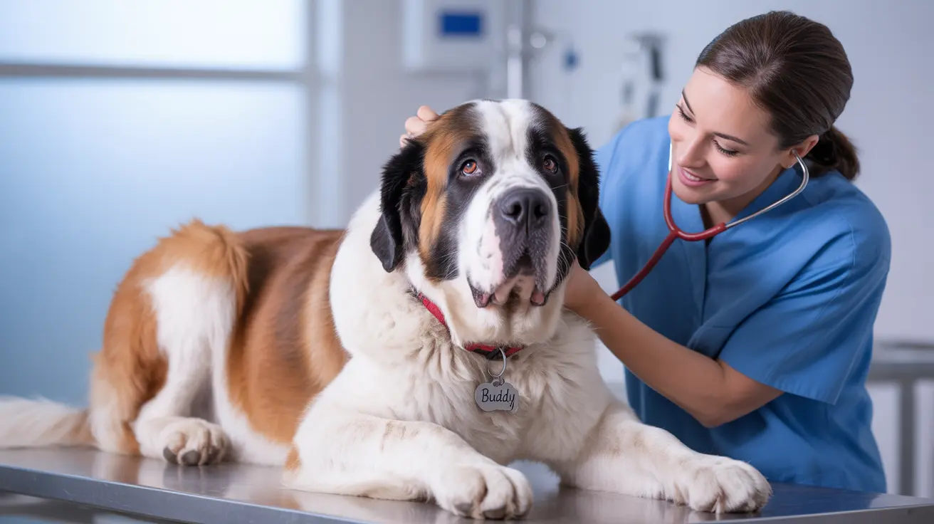 Un perro San Bernardo grande recibiendo un examen veterinario realizado por una enfermera amigable en una clínica.