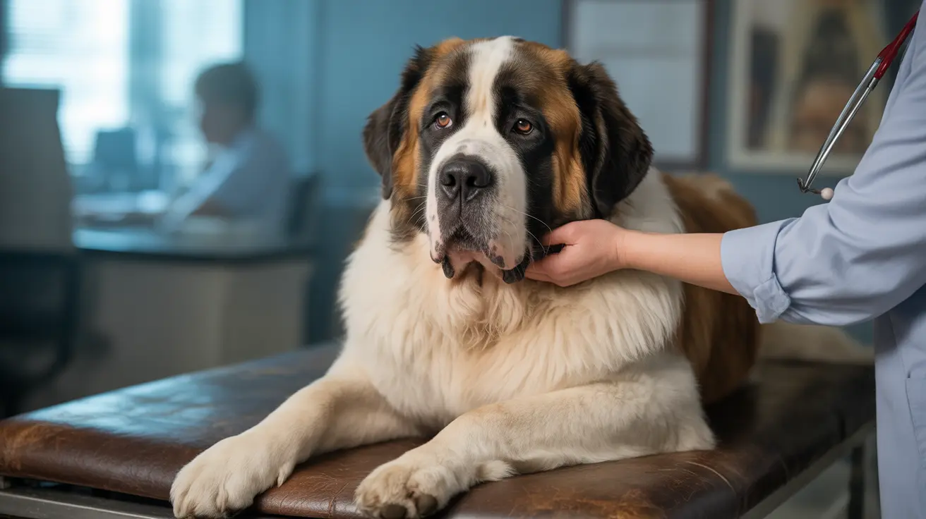 A large Saint Bernard dog sitting calmly on an examination table during a veterinary check-up