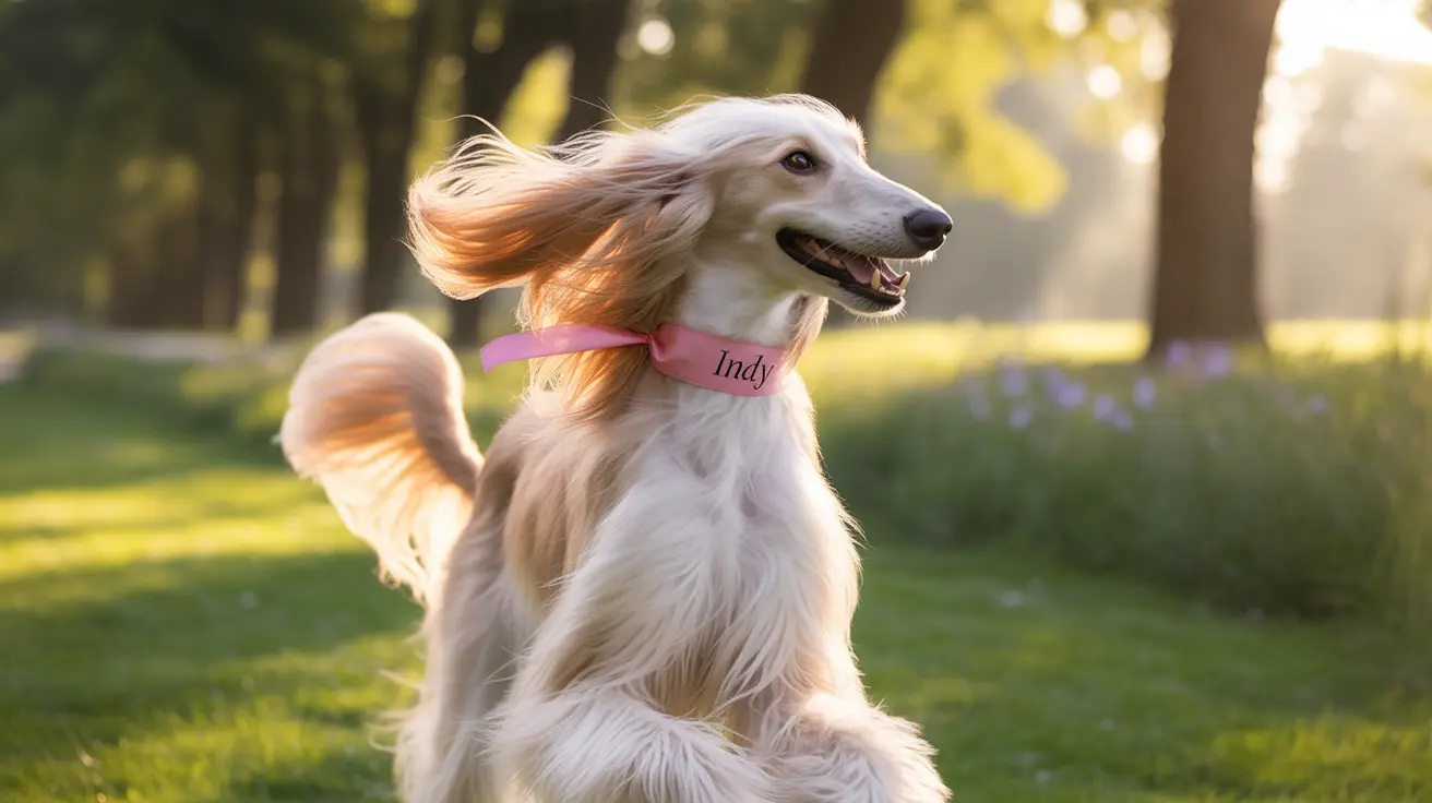 Un elegante perro Saluki blanco y crema con pelo fluido en movimiento en un parque soleado