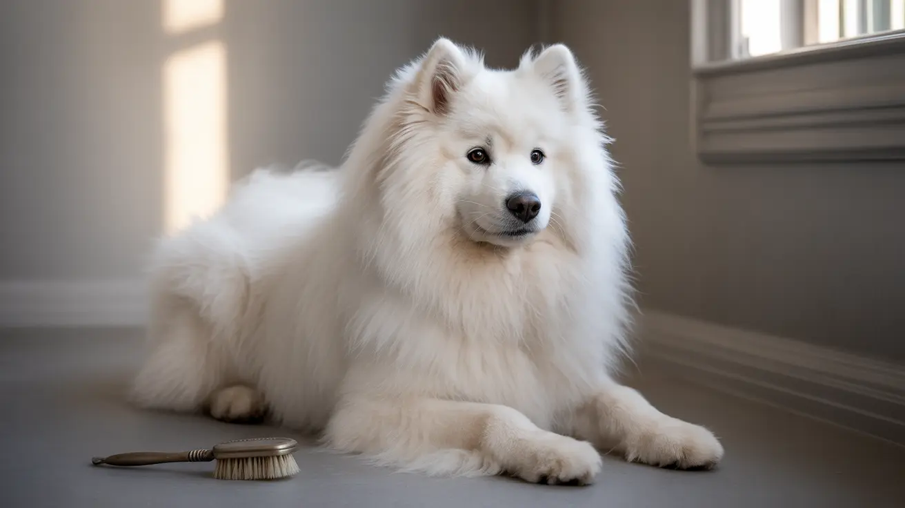 A fluffy white Samoyed dog sitting elegantly near a grooming brush in a softly lit interior space