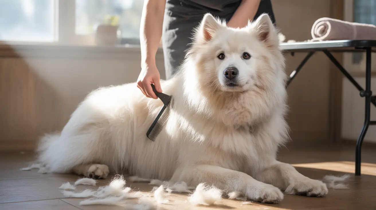 A fluffy white Samoyed dog being groomed, with fur clumps scattered around on the floor