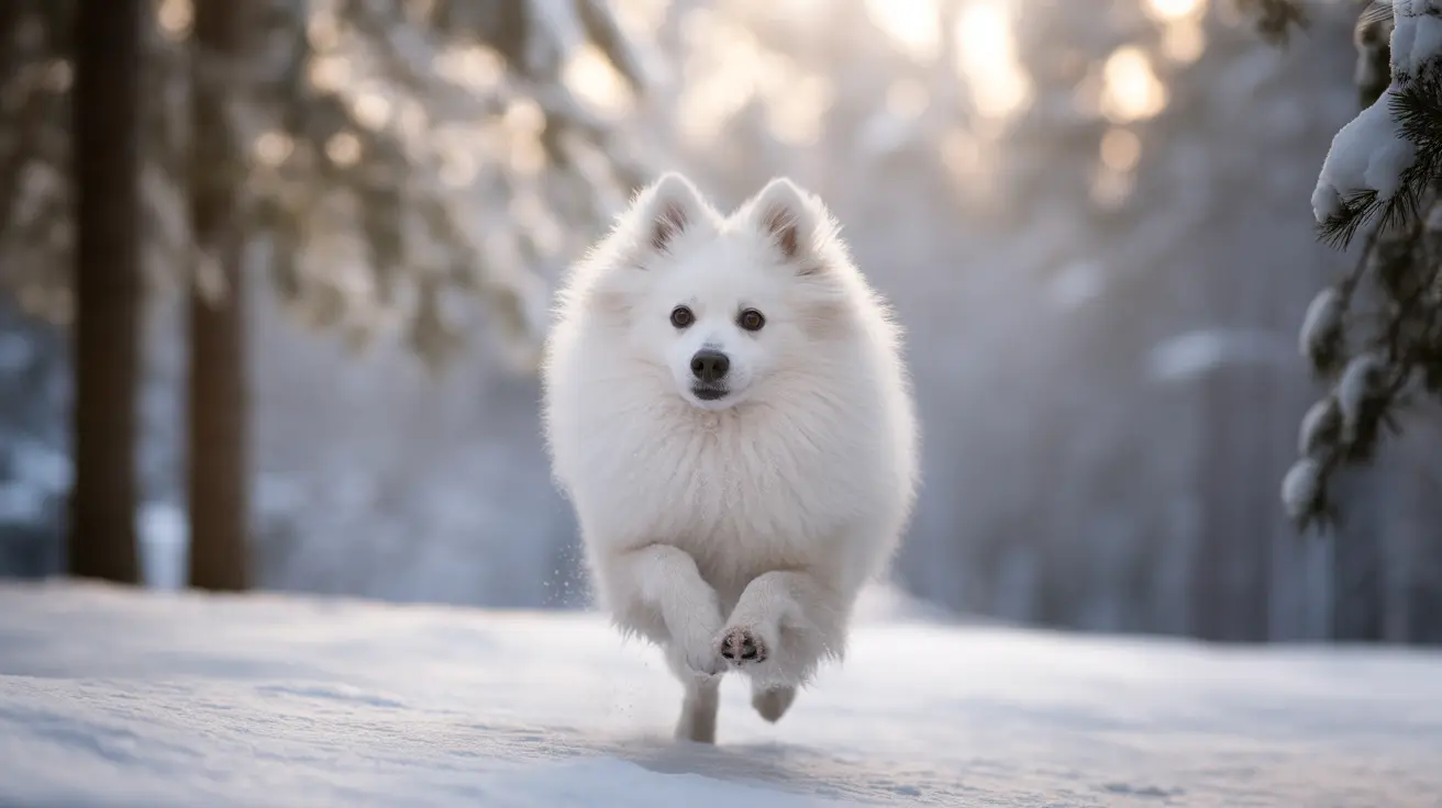 A fluffy white Samoyed dog running through a snowy forest landscape