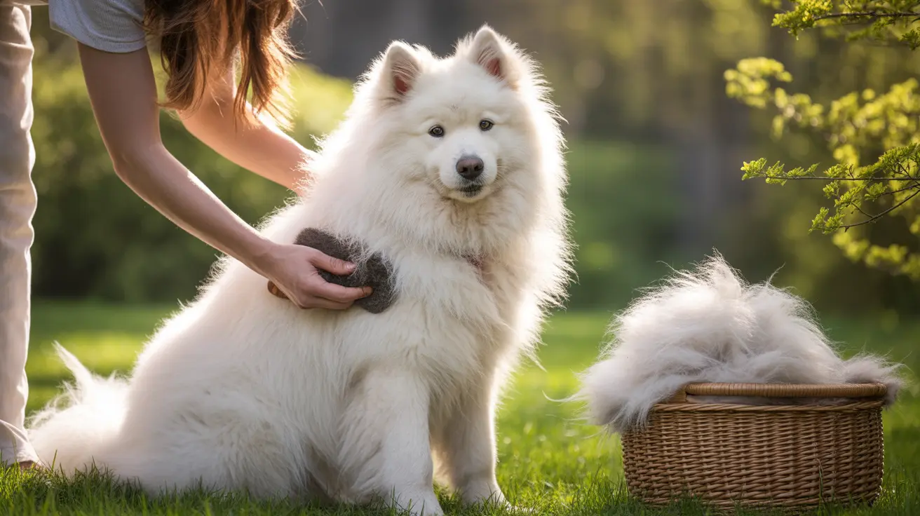 A fluffy white Samoyed being groomed outdoors in sunlight