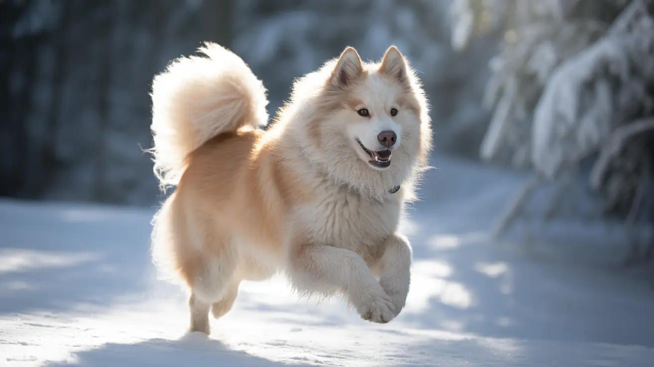 A fluffy white and cream-colored dog running joyfully through a snowy winter landscape