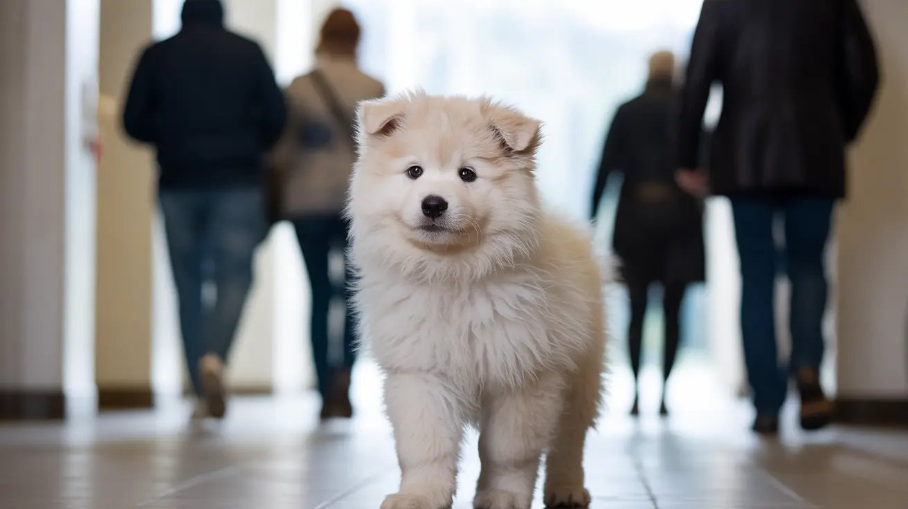 Therapy dog interacting with students in a school hallway
