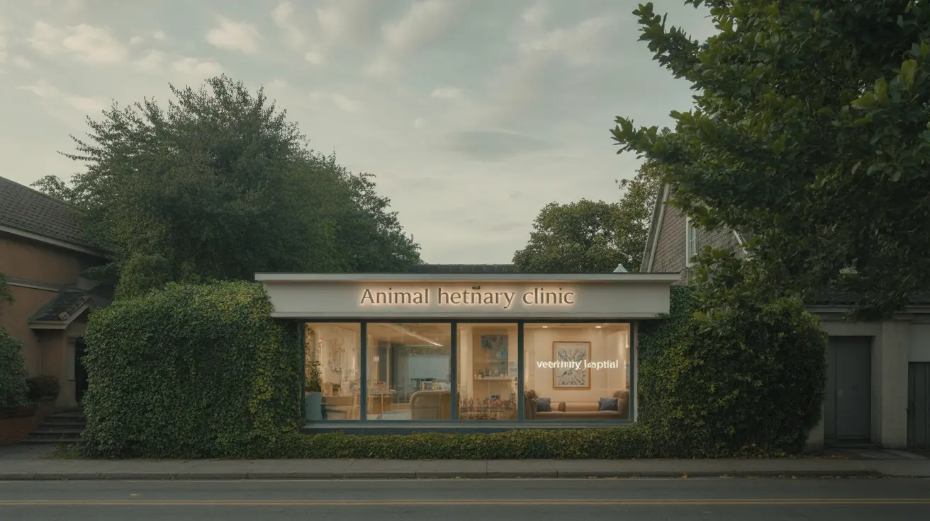 Exterior of a veterinary emergency clinic with pet owners waiting outside