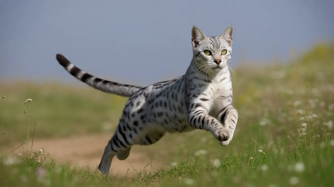 A silver spotted Savannah cat leaping dynamically through a grassy meadow