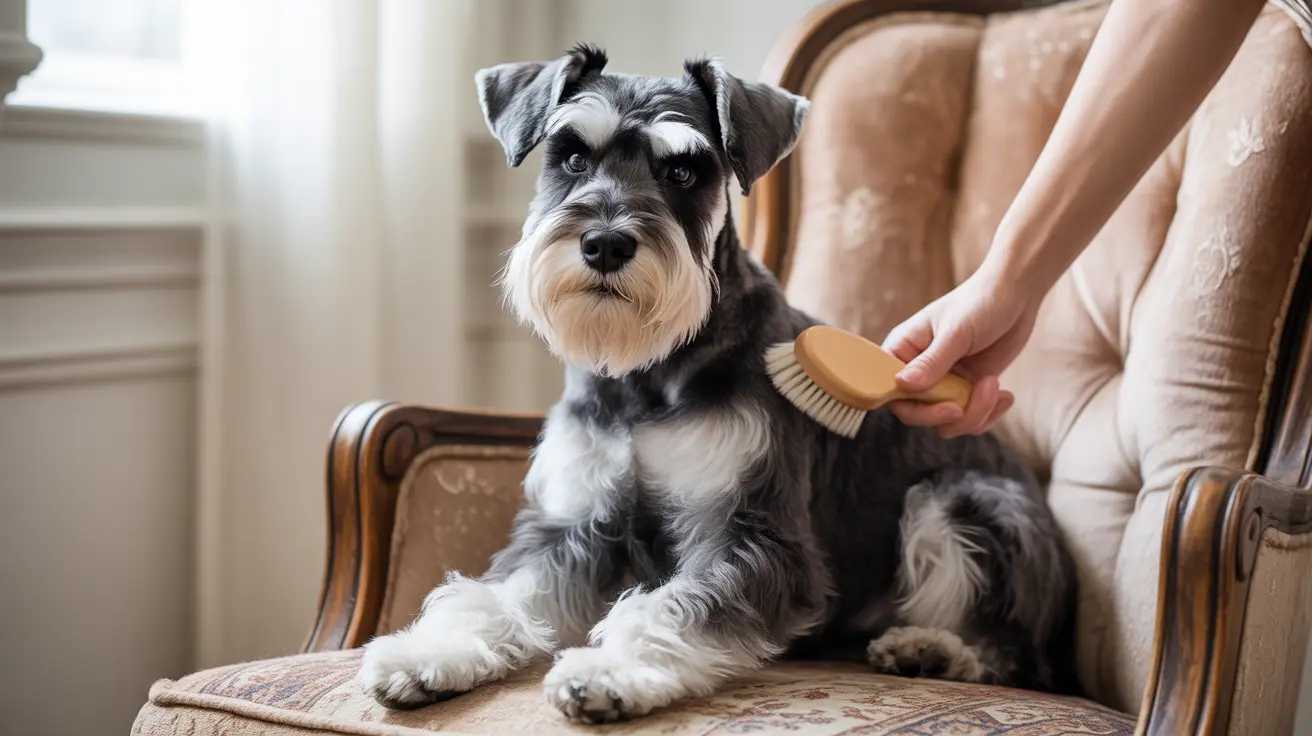 A well-groomed Schnauzer sitting on an antique chair being brushed by a hand holding a wooden brush