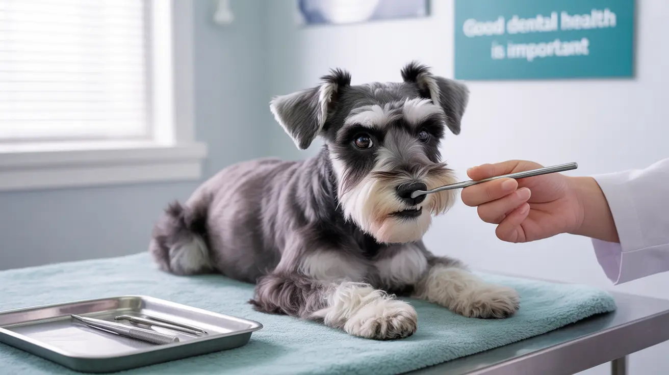 A Schnauzer receiving a dental examination at a veterinary clinic