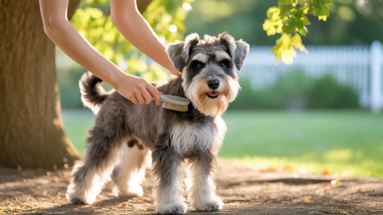A Schnauzer being groomed with a brush in a sunny outdoor setting
