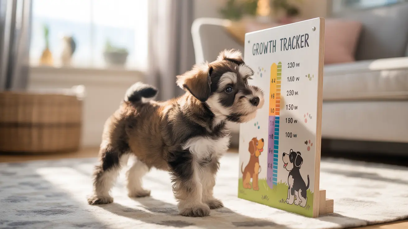A young puppy standing next to a growth tracker chart in a bright, cozy living room.
