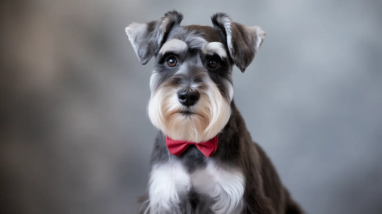 A well-groomed Schnauzer wearing a bright red bowtie, posing for a professional portrait