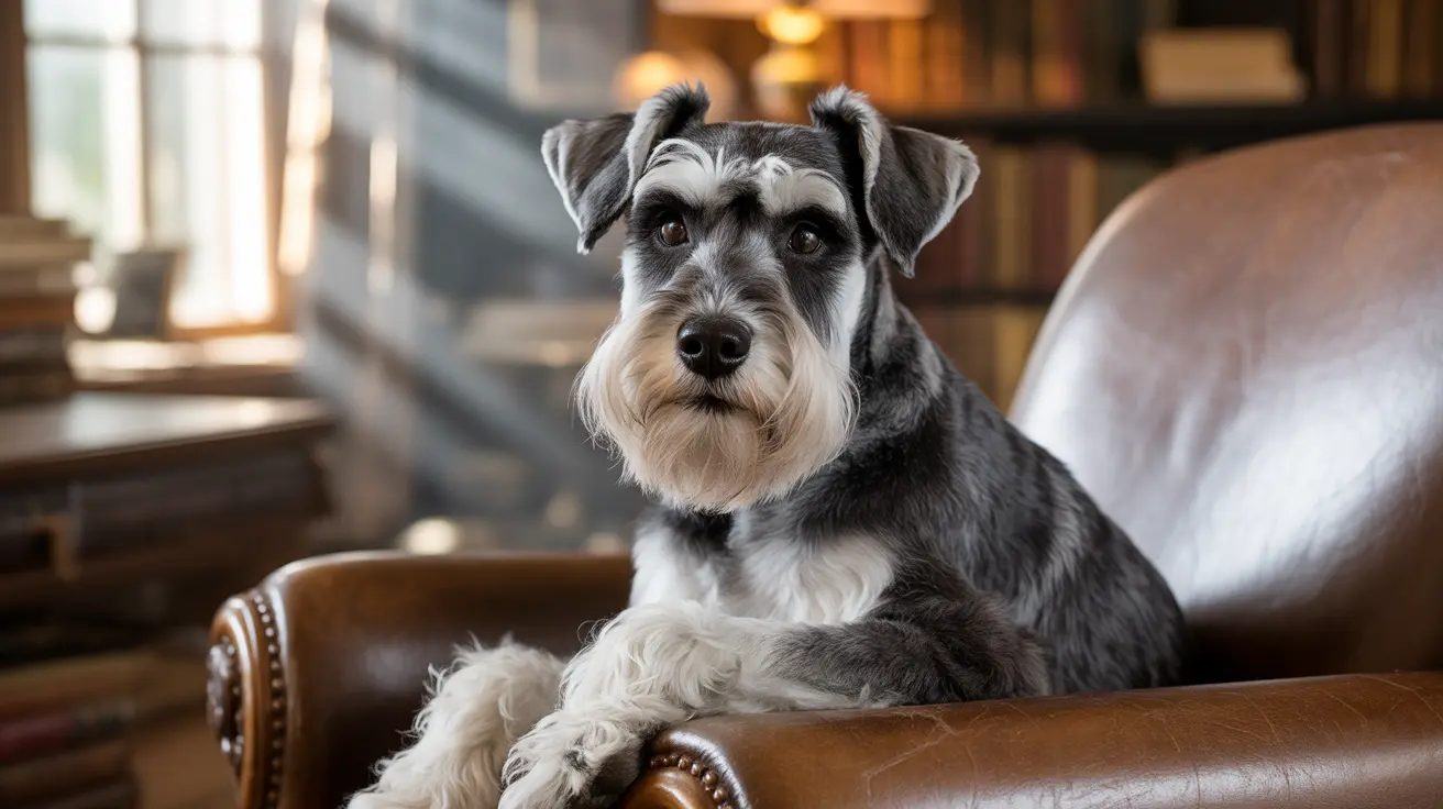 A distinguished Schnauzer sitting regally on a leather armchair in a study-like setting