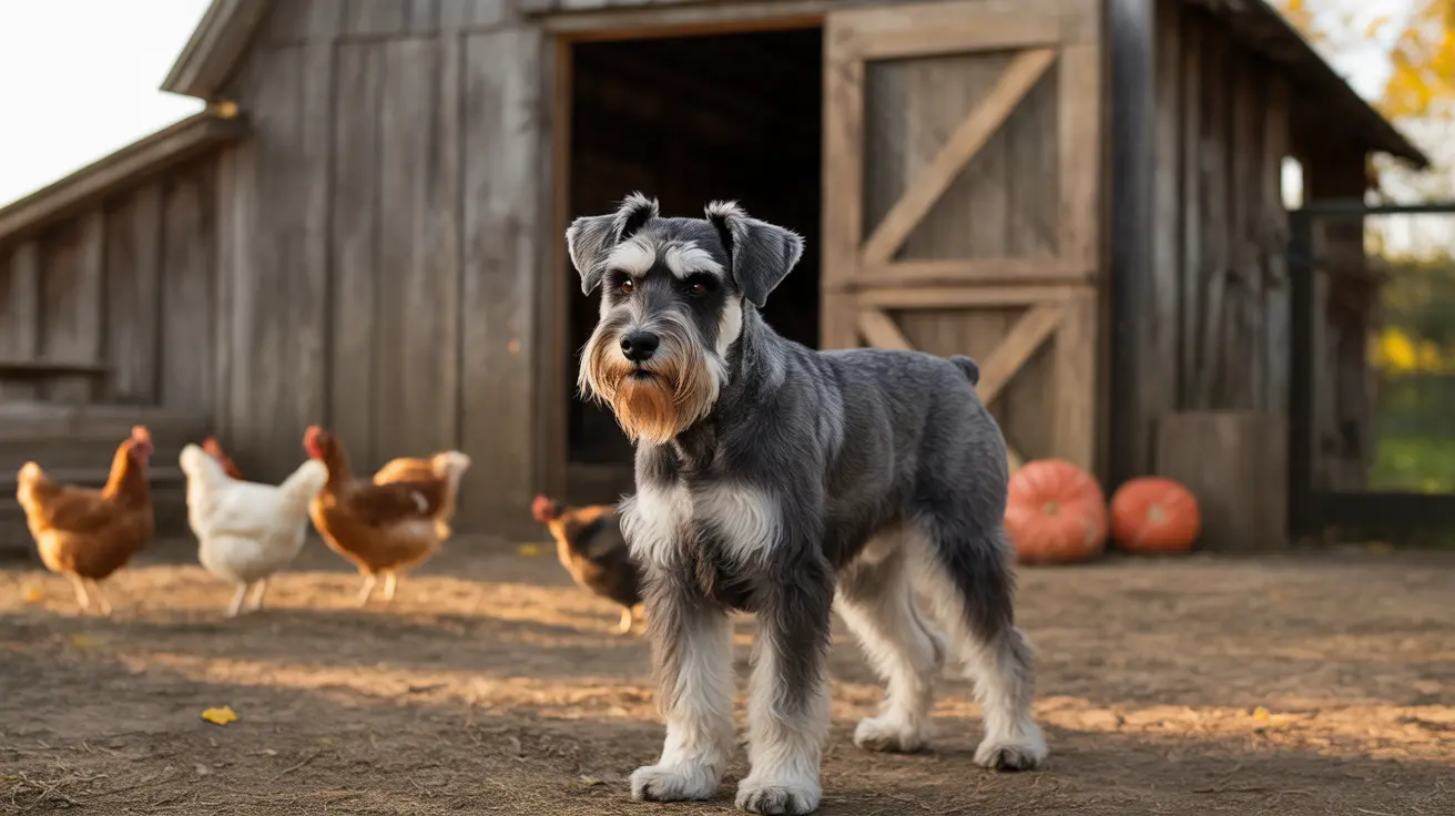 A Schnauzer standing confidently in front of a rustic wooden barn with chickens in the background.