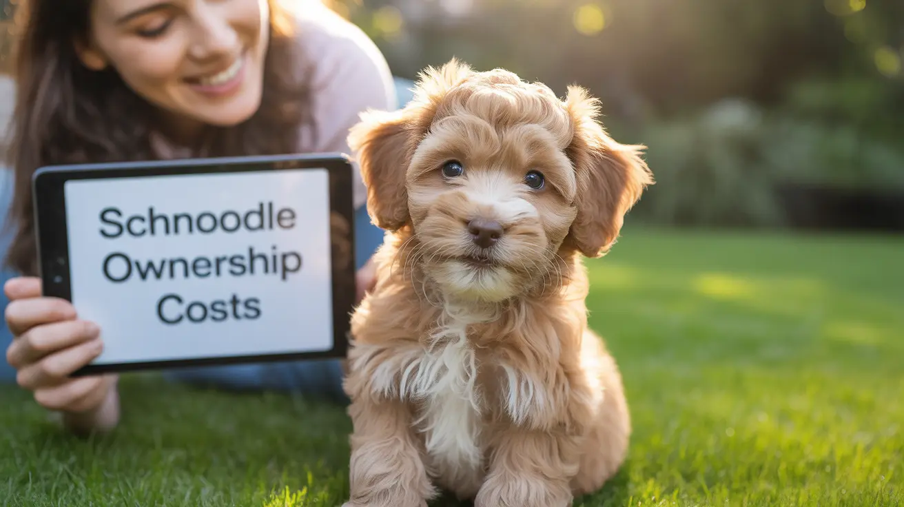 A fluffy Schnoodle puppy sitting on a green lawn with a person holding a tablet showing 'Schnoodle Ownership Costs'