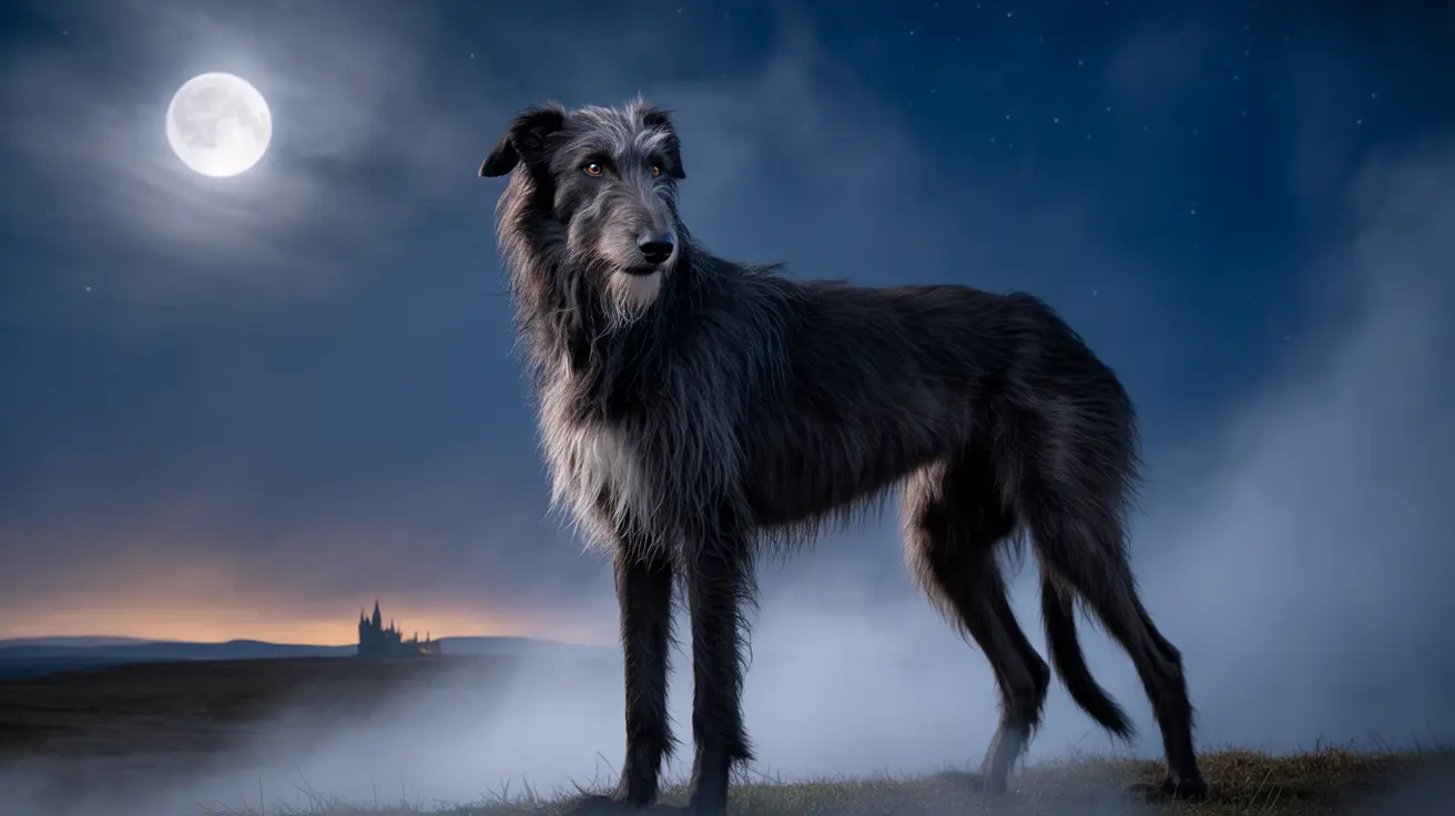 A majestic Scottish Deerhound standing alone under a dramatic moonlit night sky with a distant castle silhouette