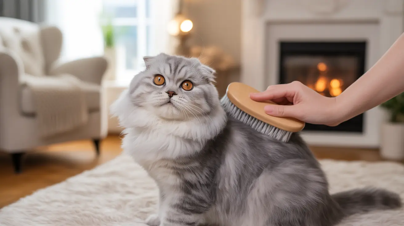 A fluffy Scottish Fold cat being brushed by a hand, sitting on a soft carpet in a cozy living room.