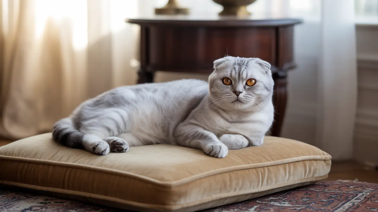 Gray and white Scottish Fold cat with folded ears and golden eyes on a beige seat