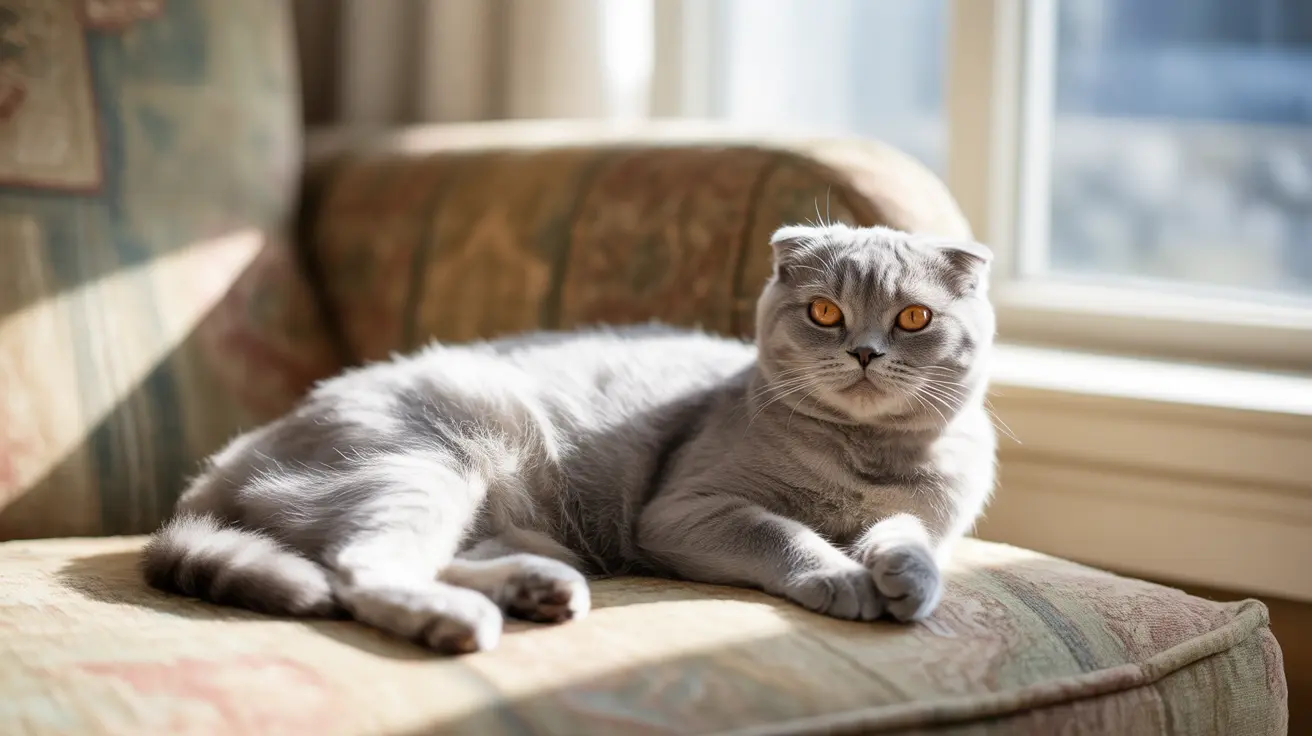 A grey Scottish Fold cat lounging comfortably on a patterned armchair near a window.
