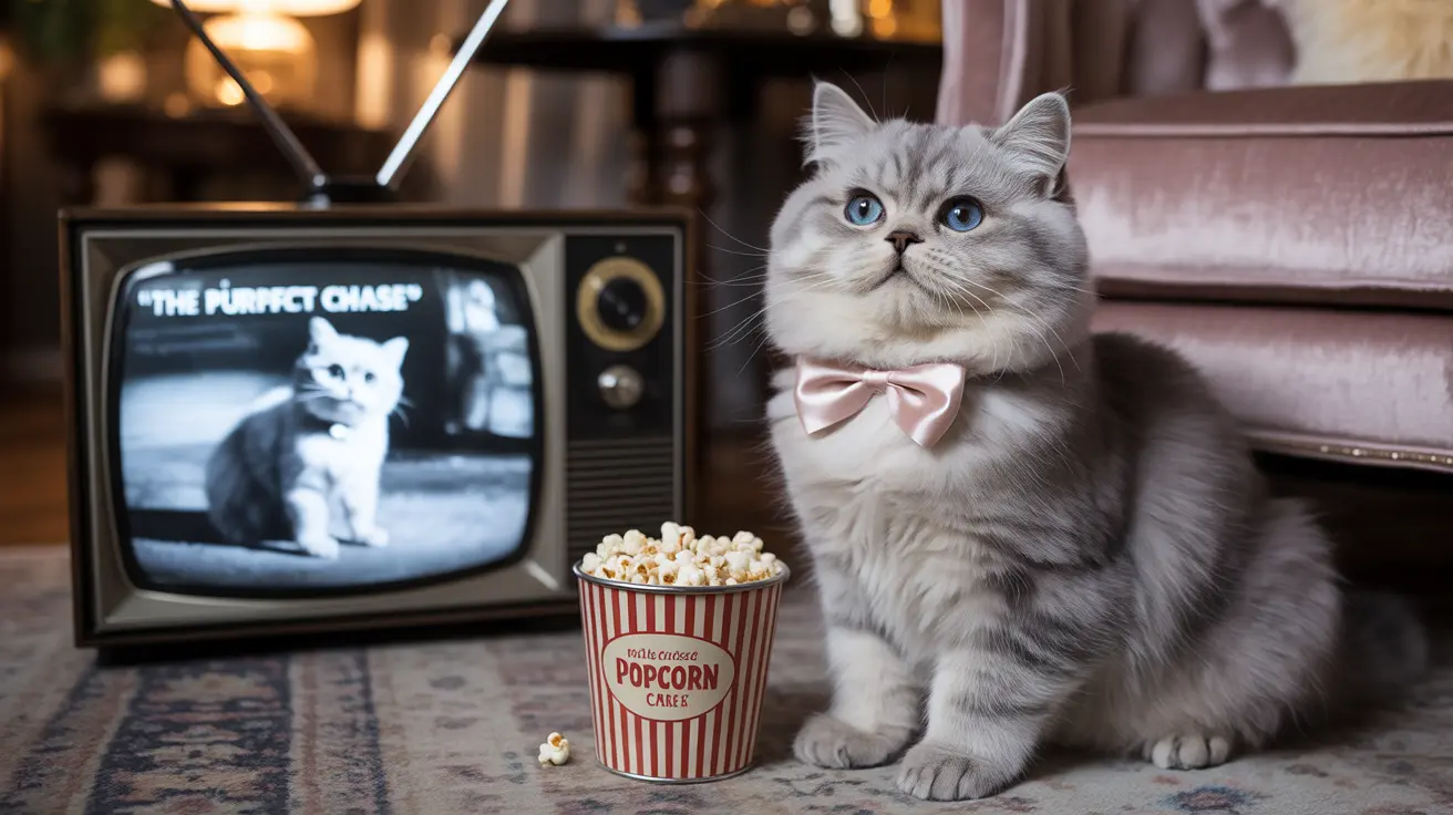 A fluffy white Scottish Fold cat sitting elegantly next to a popcorn bucket and vintage television