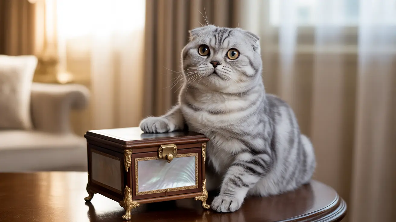 A silver tabby Scottish Fold cat sitting elegantly next to an ornate wooden box with brass accents