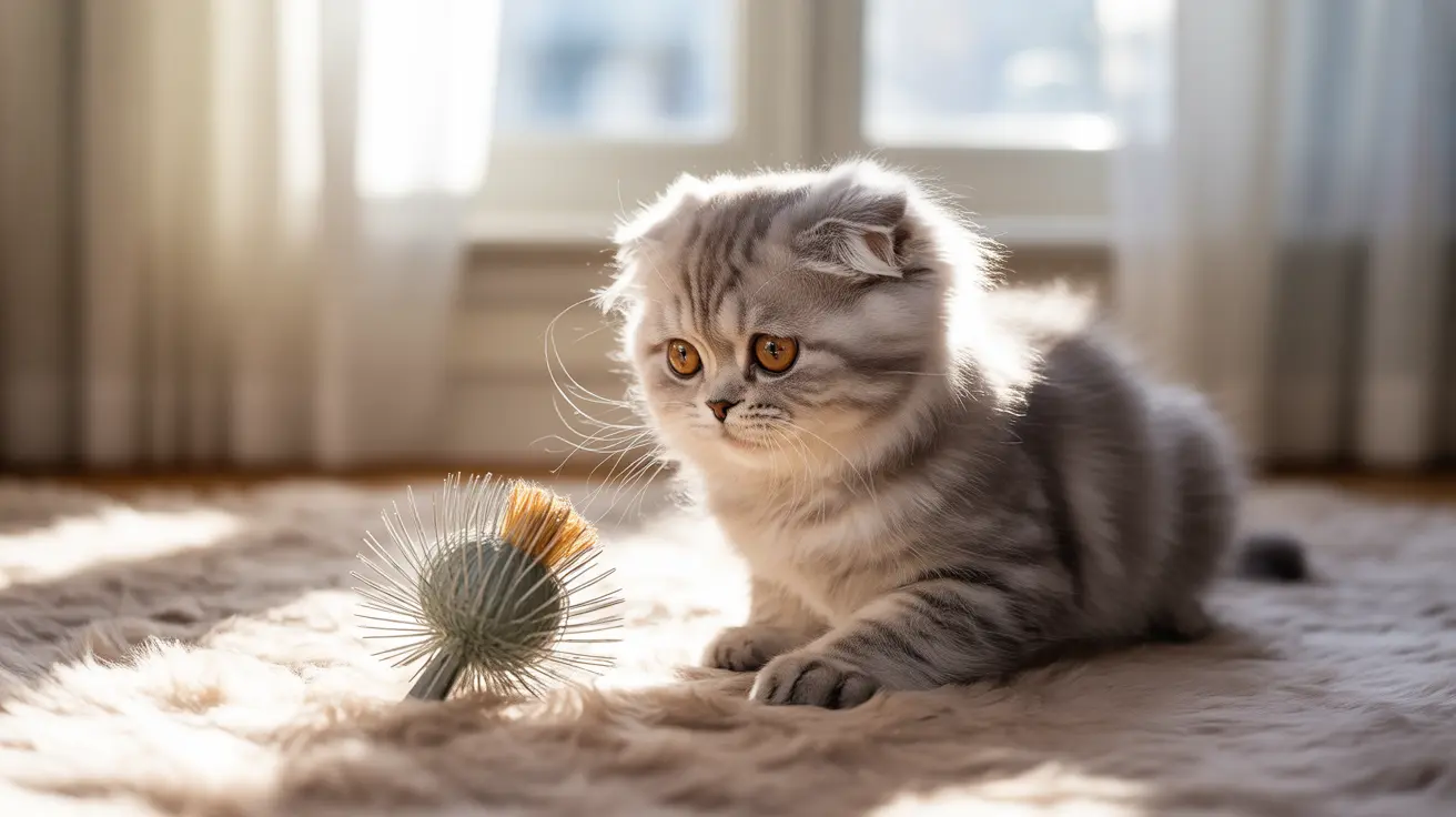 A Scottish Fold kitten sitting next to a spherical wire brush in soft morning light