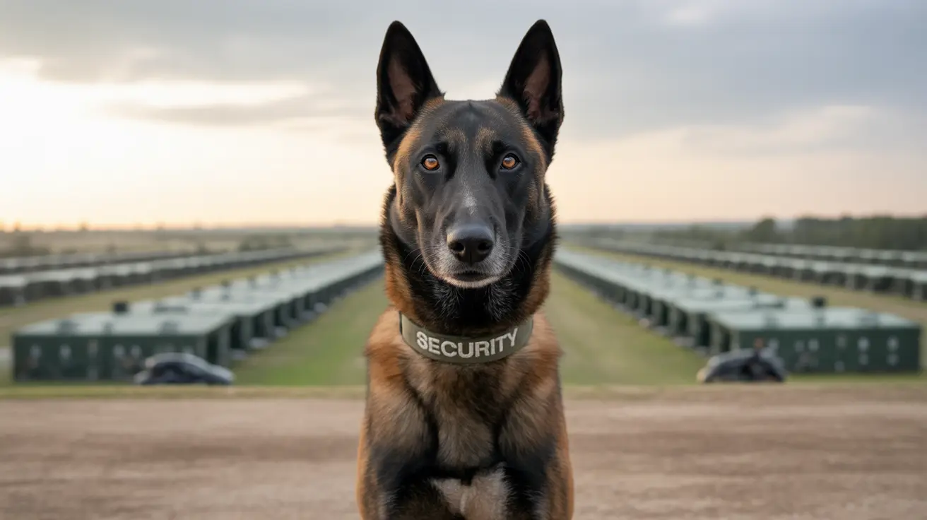A professional security dog sitting attentively in front of a military or industrial facility with a serious, focused expression