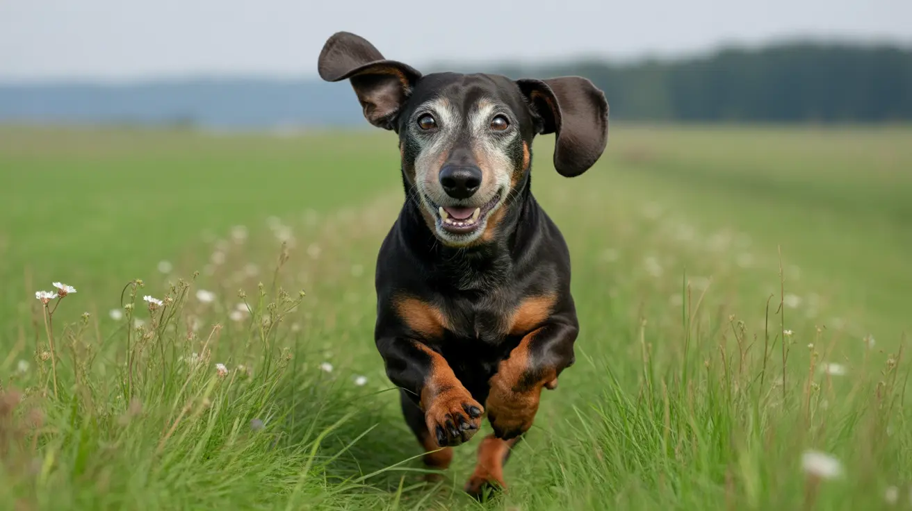 A senior dog with a happy and calm expression sitting comfortably indoors