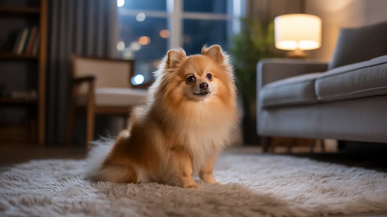 A fluffy orange and white Pomeranian sitting alertly on a soft carpet in a cozy living room at night.