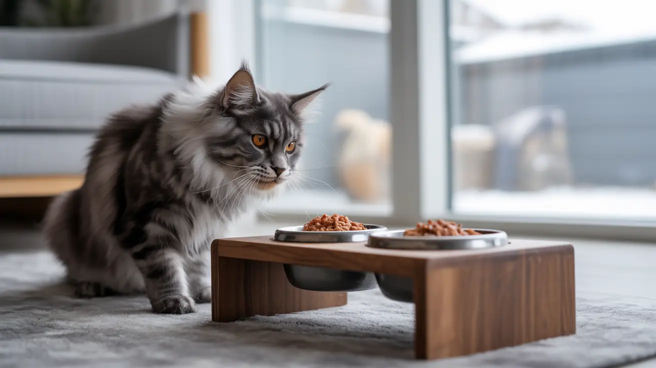 A fluffy gray and white Maine Coon cat sitting next to a wooden elevated food bowl with kibble