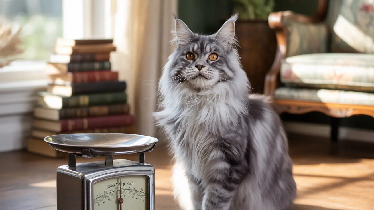 A majestic gray and white Maine Coon cat sitting next to a vintage weighing scale in a sunlit room filled with books