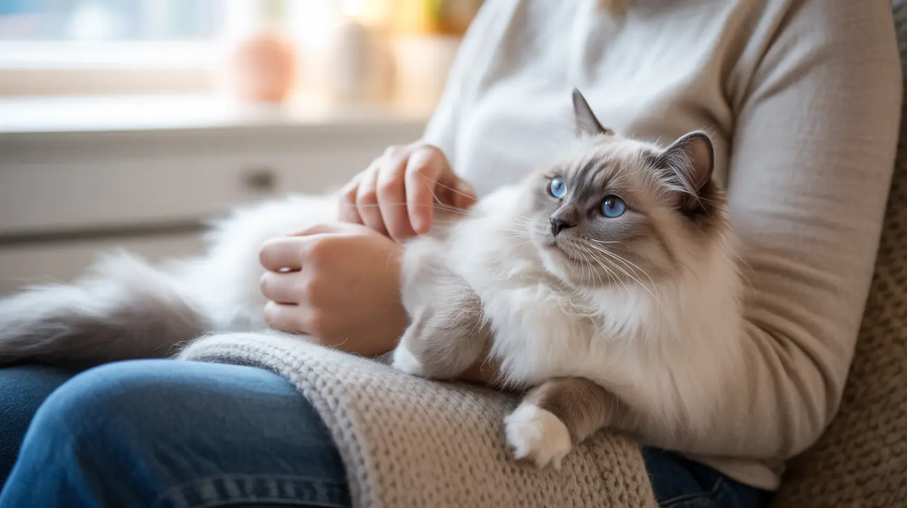 A serene Ragdoll cat resting comfortably on a person's lap at home