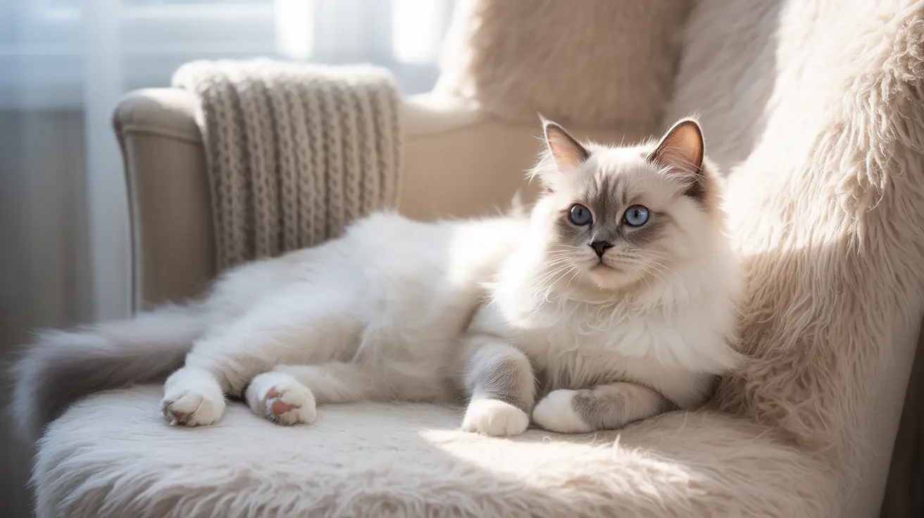 Un gato Ragdoll blanco y crema reposando serenamente sobre un sofá suave con luz difusa y ambiente tranquilo.