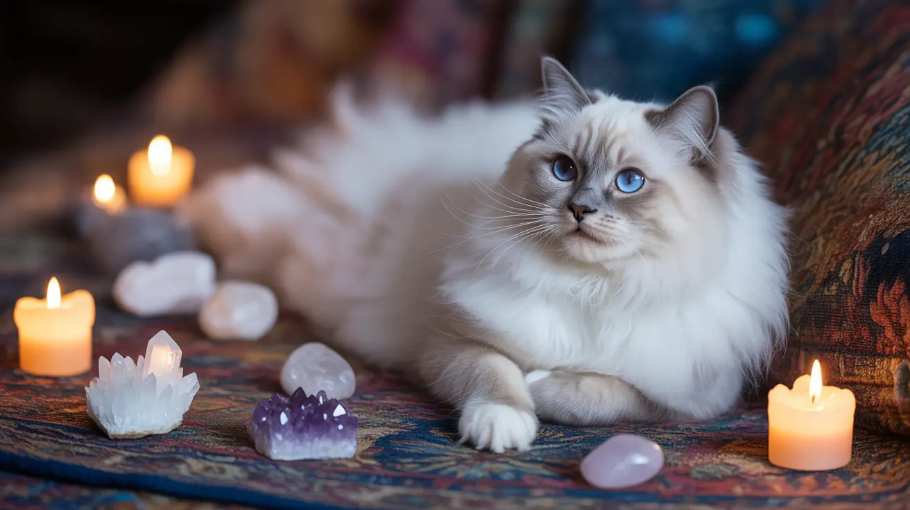 A serene white Ragdoll cat sitting peacefully among lit candles and crystal stones