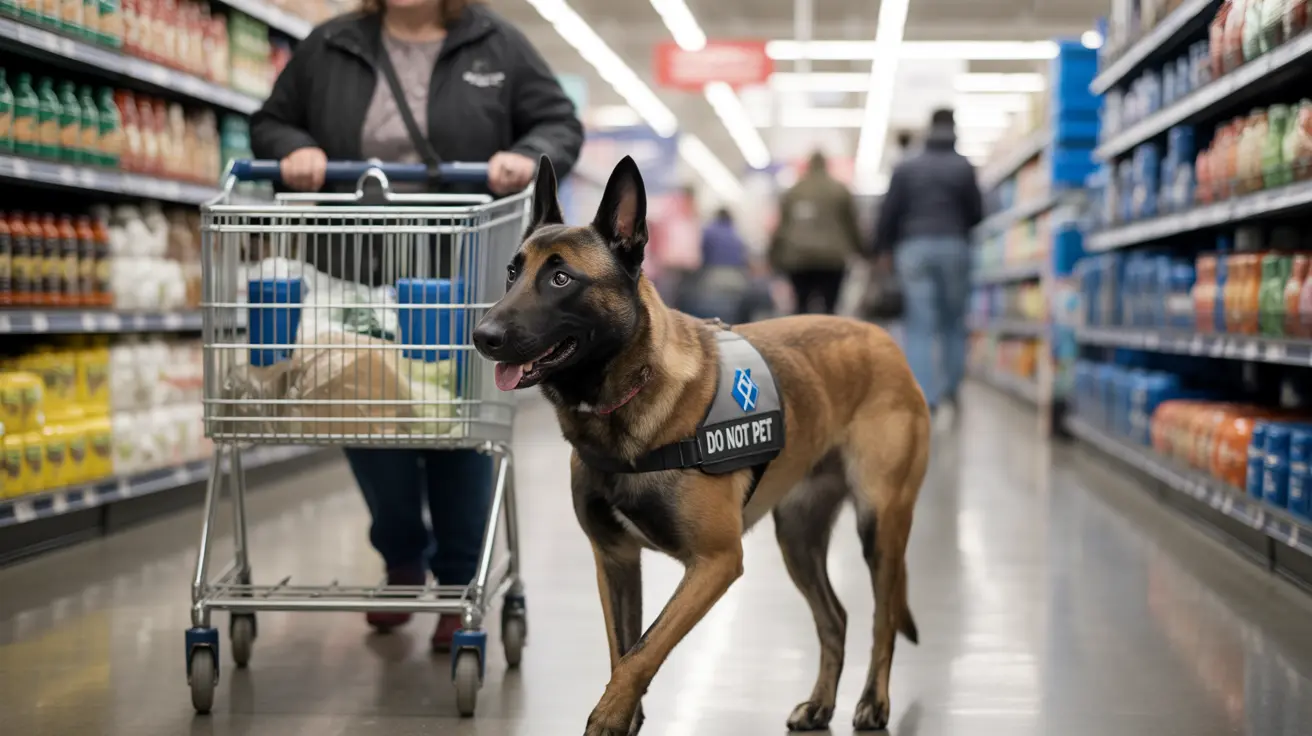 A service dog wearing a 'DO NOT PET' vest standing next to a shopping cart in a grocery store aisle.