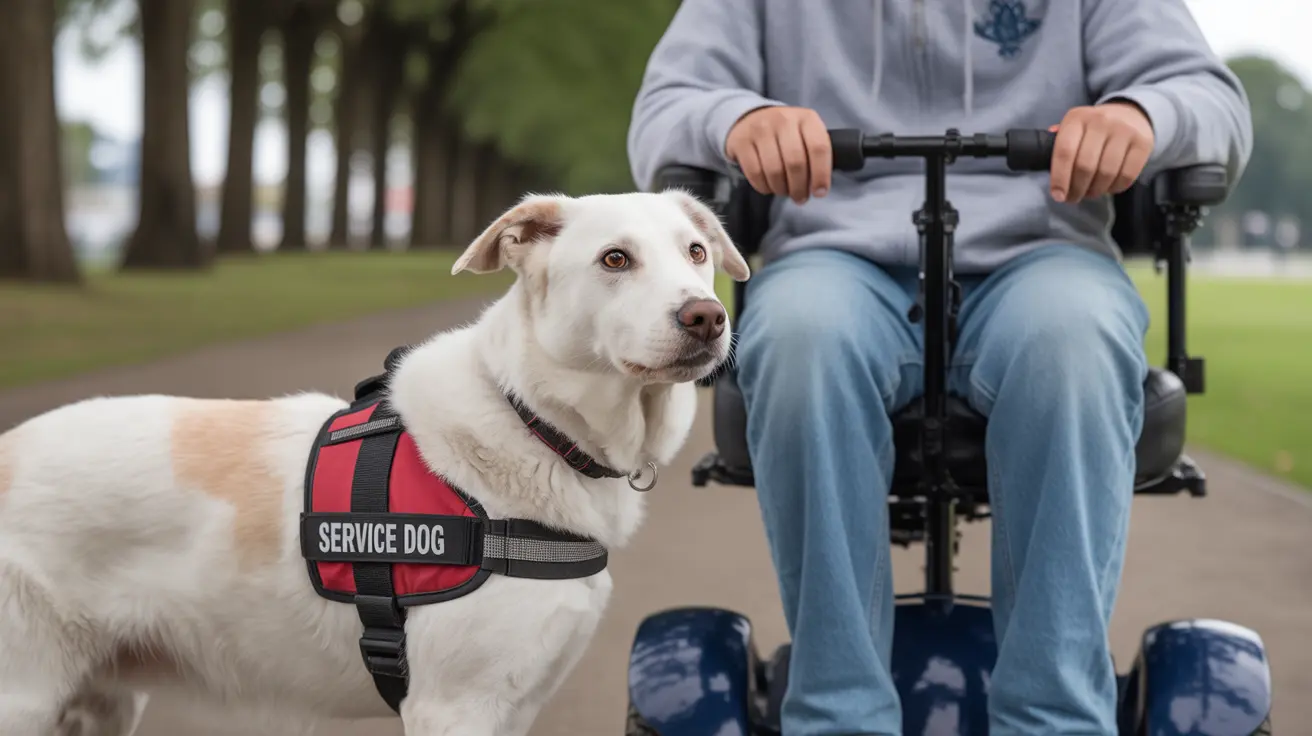 Service dog assisting a person in public setting