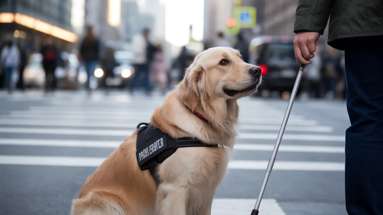 Service dog wearing a 'PROUD ENABLER' harness sitting attentively on a city crosswalk