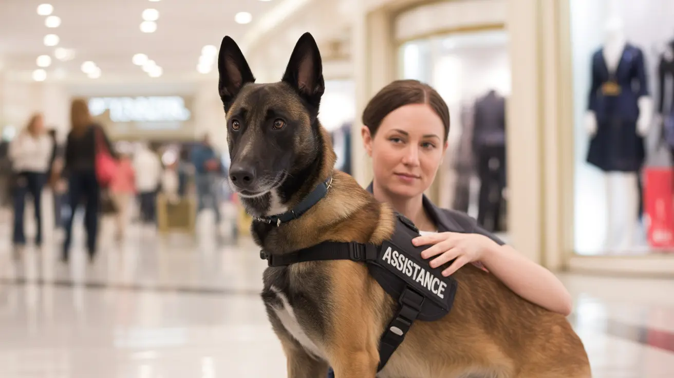 An assistance dog wearing a professional harness stands attentively in a retail environment with a companion nearby