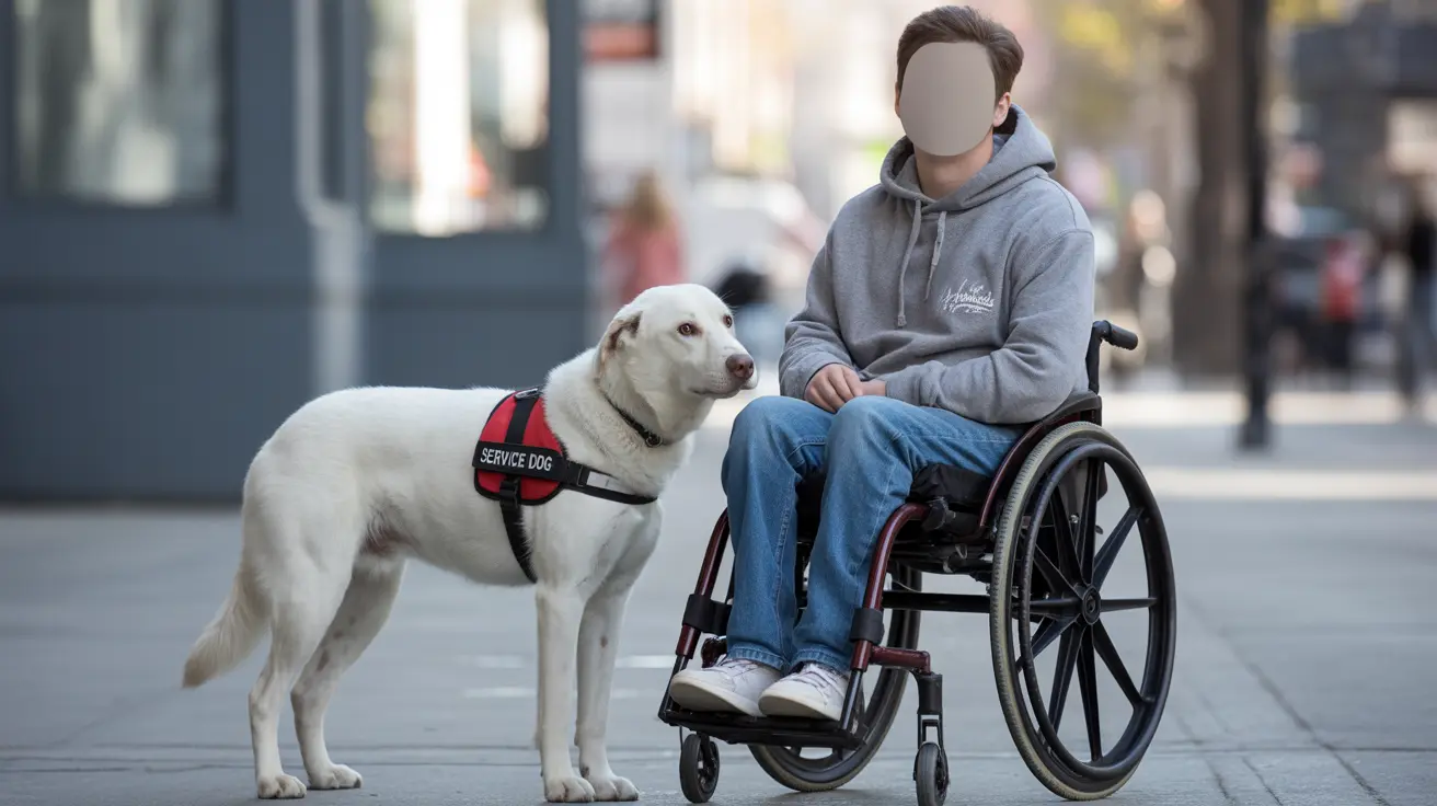A service dog wearing a harness assisting a person with a disability