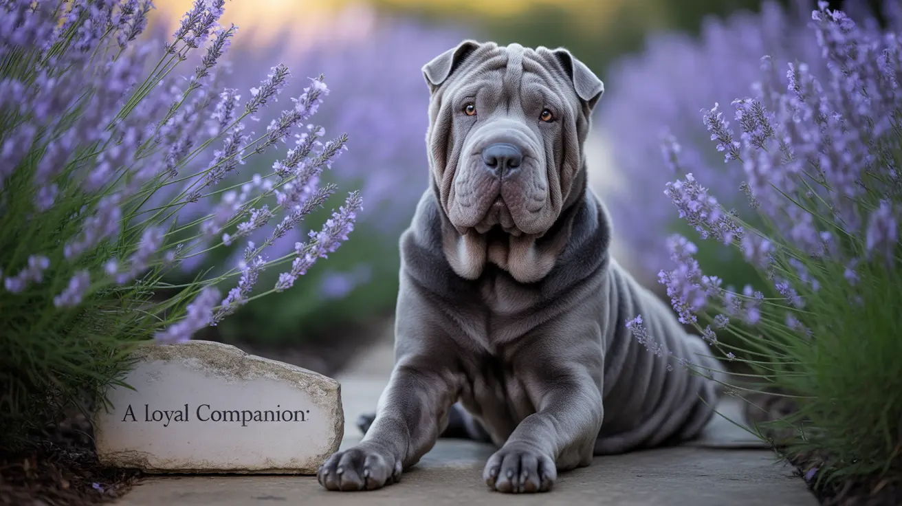 A wrinkly gray Shar Pei dog sitting calmly in a lavender field with a stone marker reading 'A loyal Companion'.