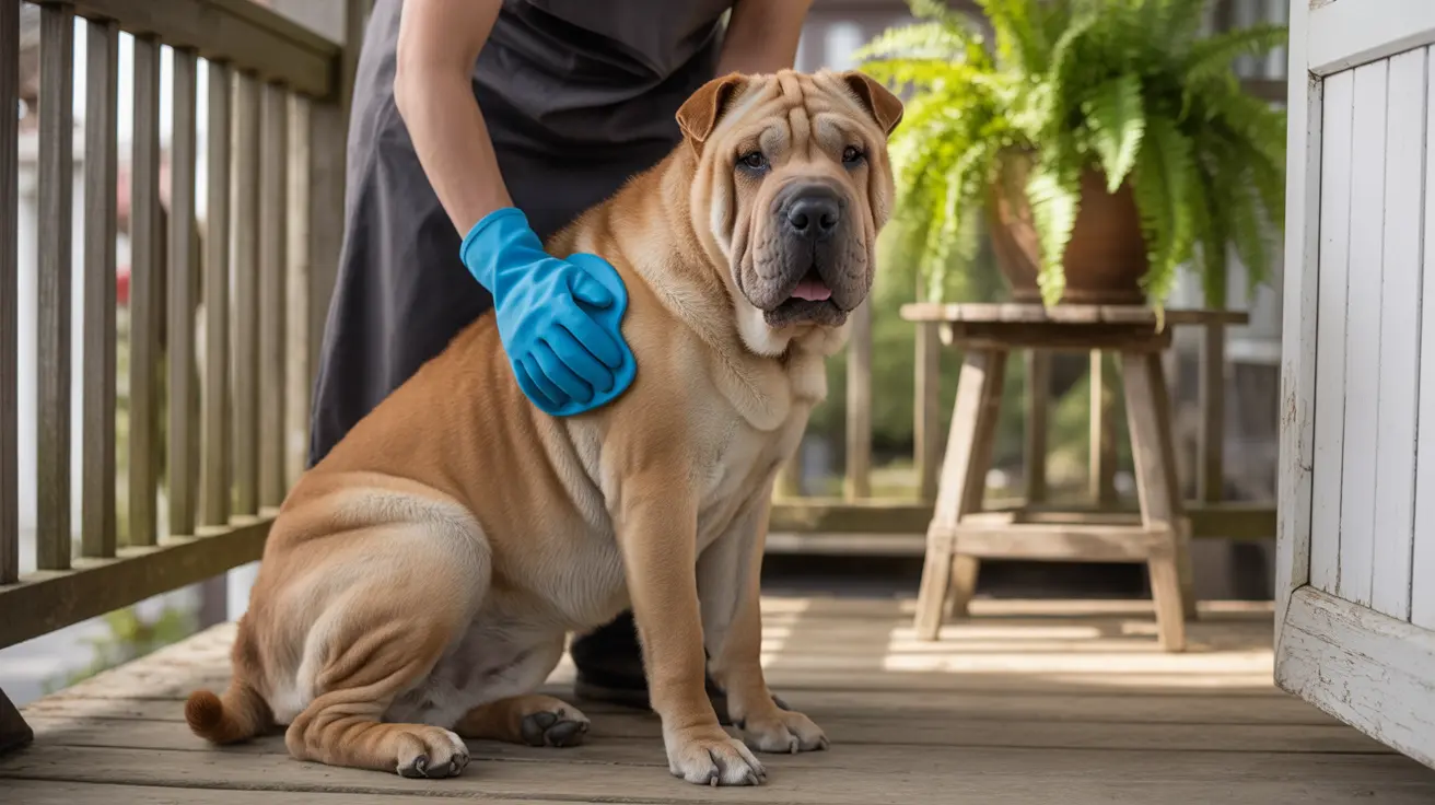 Wrinkly tan-colored Shar Pei dog on wooden deck being petted by gloved hand