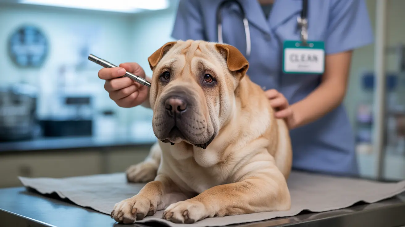 A wrinkly Shar Pei dog receiving a veterinary examination in a clinical setting