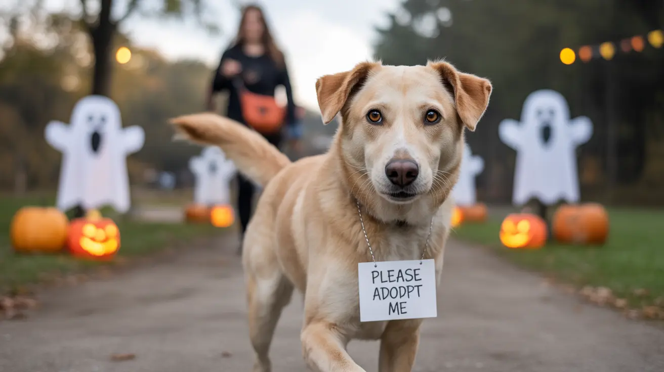 Families walking through a Halloween-themed haunted trail meeting adoptable pets