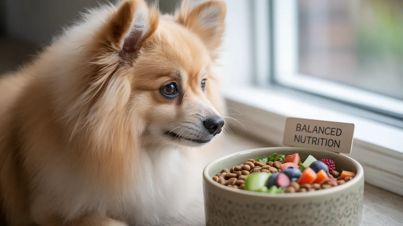 A fluffy Shetland Sheepdog sitting next to a bowl of dog food demonstrating balanced nutrition