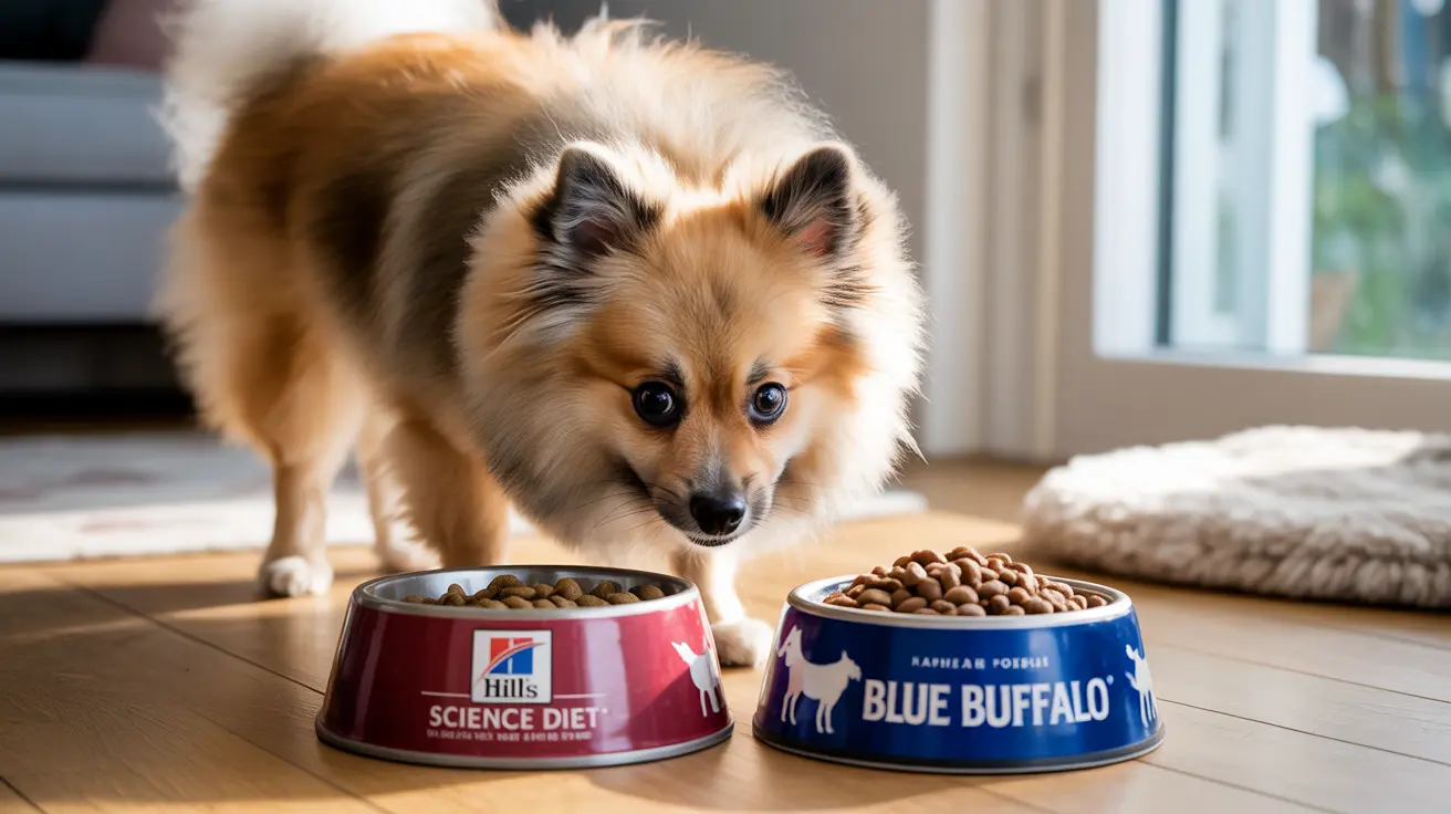 A fluffy Shetland Sheepdog near two dog food bowls filled with kibble.