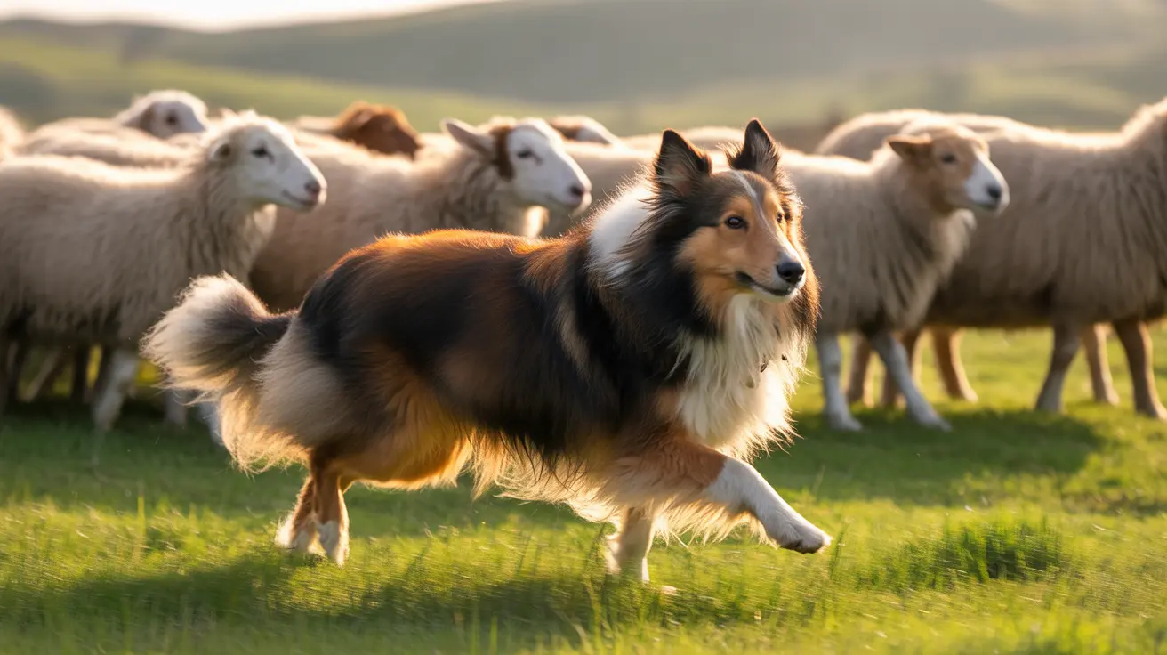 Shetland Sheepdog herding a flock of sheep in a sunlit pasture