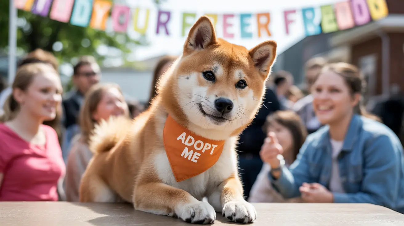 A friendly Shiba Inu wearing an orange 'Adopt Me' bandana at an adoption event