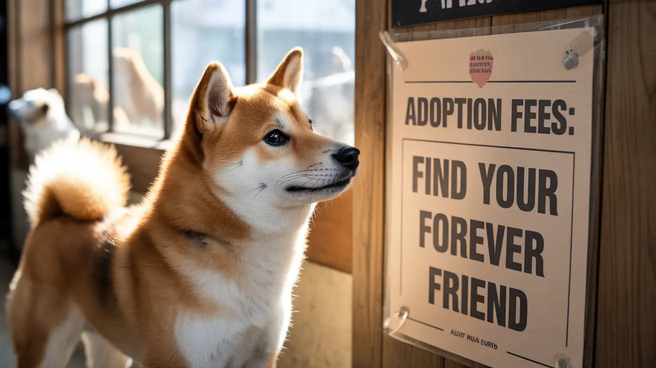 A Shiba Inu dog standing near an adoption fees poster in a shelter or adoption center
