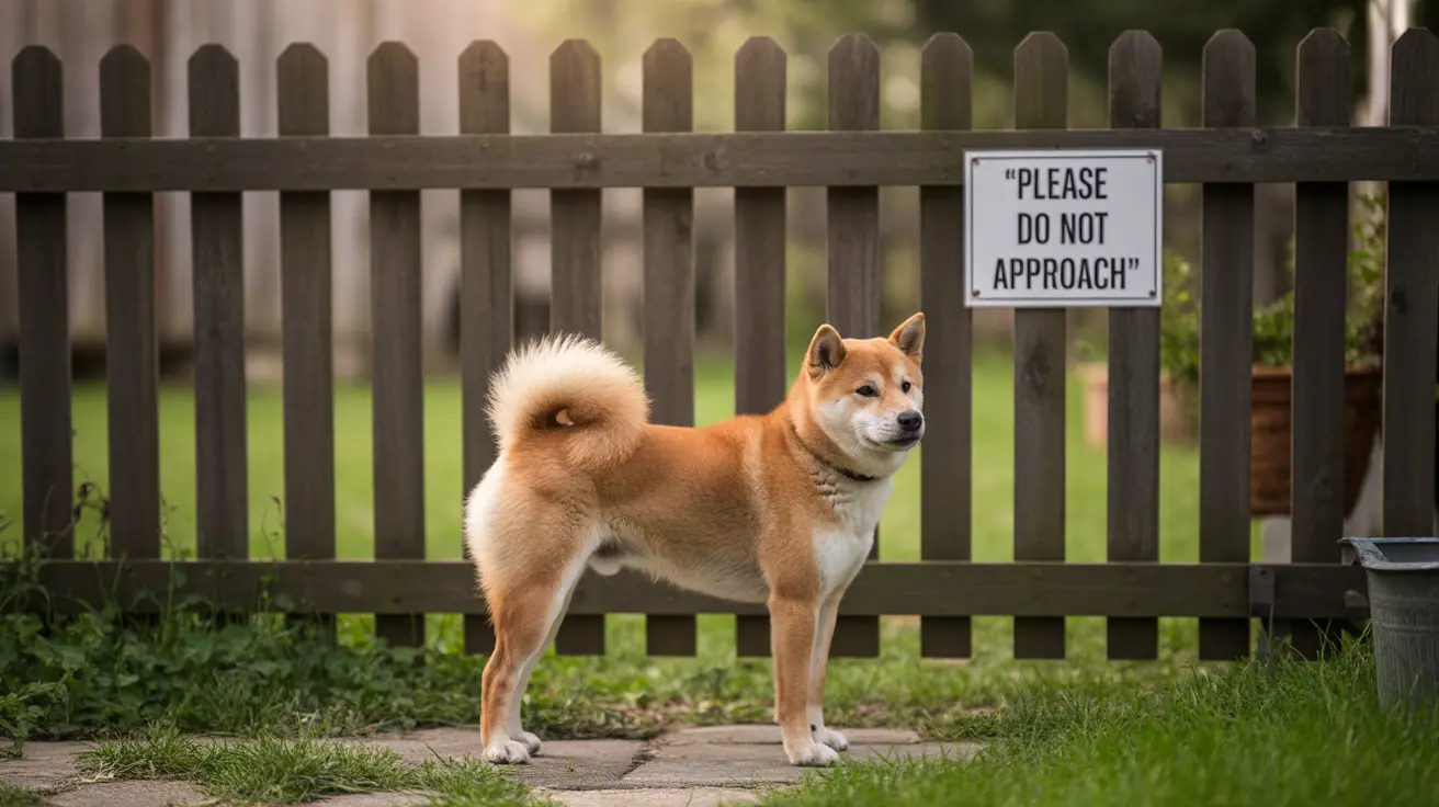 A Shiba Inu next to a 'Please Do Not Approach' sign on a wooden fence
