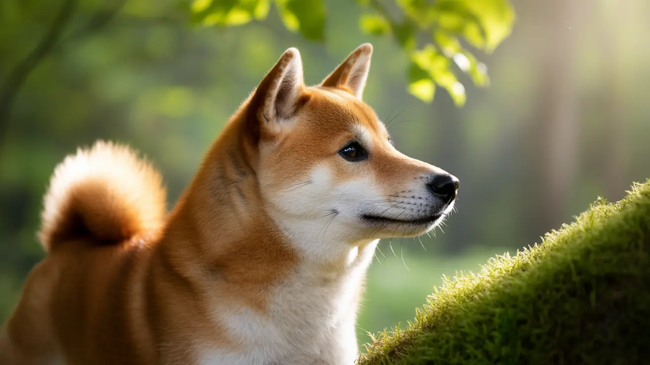 Alert Shiba Inu looking into the distance near moss-covered ground outdoors